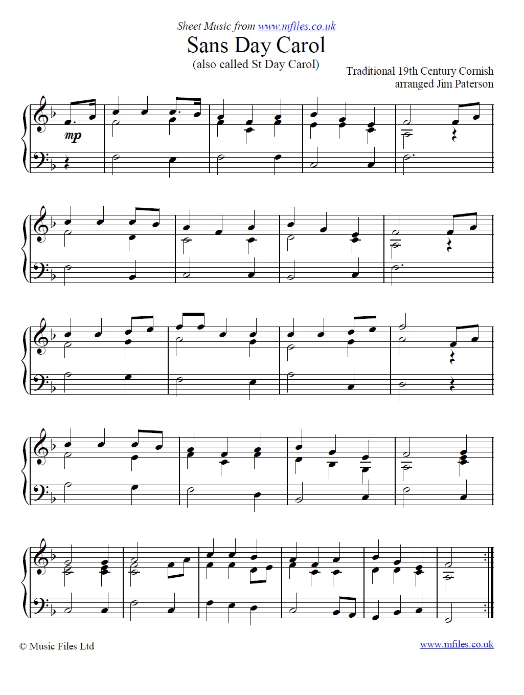 Sans Day Carol for piano - click to download sheet music Sans Day Carol for piano - sheet music 1st page