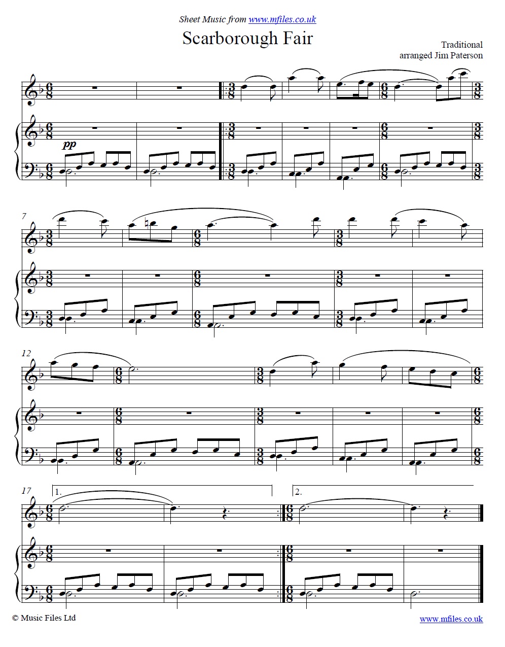 Scarborough Fair for flute and piano - click to download sheet music Scarborough Fair for flute and piano - sheet music 1st page