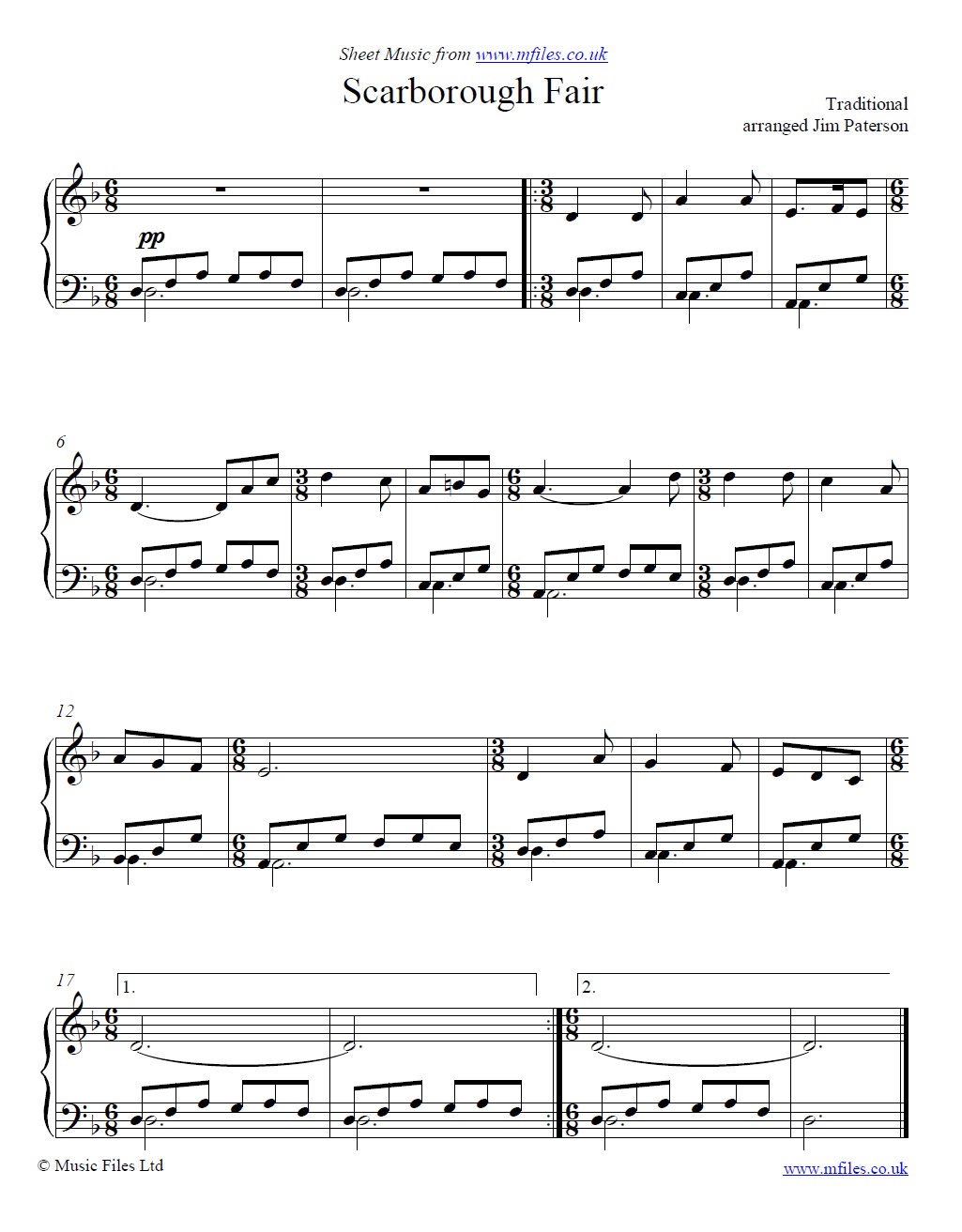 Scarborough Fair for piano - click to download sheet music Scarborough Fair for piano - sheet music 1st page