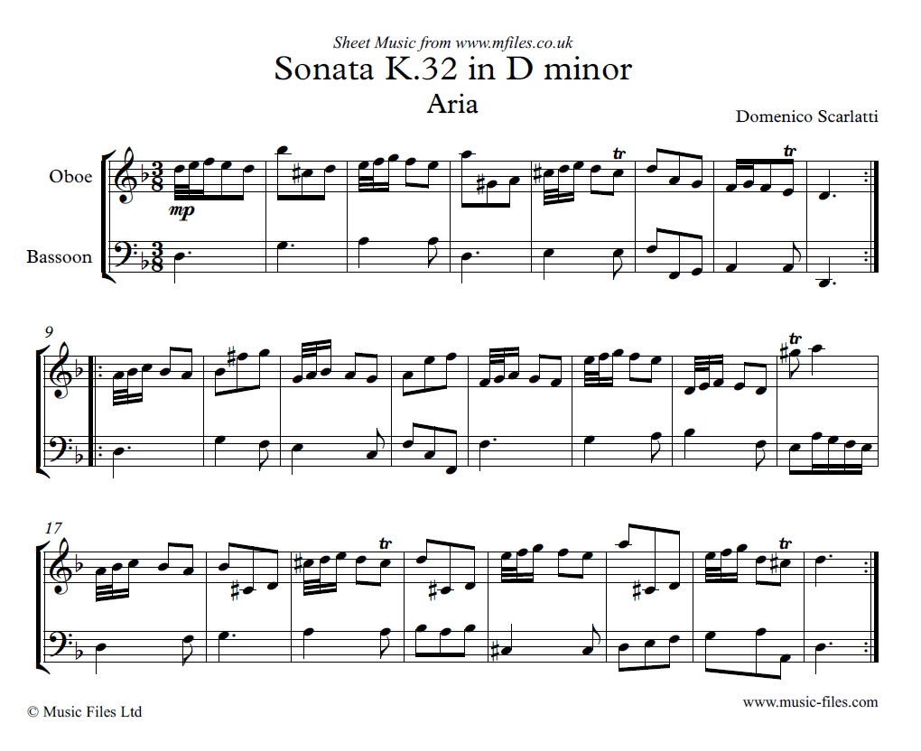 Domenico Scarlatti's Sonata K.32 in D minor for Oboe and Bassoon - click to download sheet music Domenico Scarlatti's Sonata K.32 in D minor for Oboe and Bassoon - sheet music 1st page