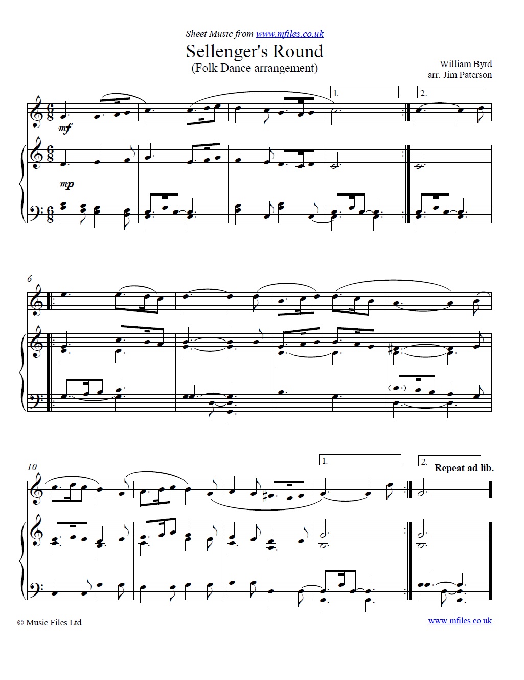 Sellenger's Round for recorder and piano - click to download sheet music Sellenger's Round for recorder and piano - sheet music 1st page