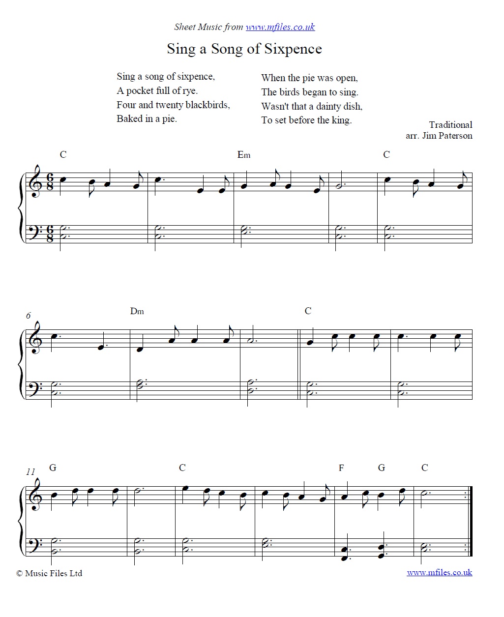 Sing a Song of Sixpence for piano - click to download sheet music Sing a Song of Sixpence for piano - sheet music 1st page