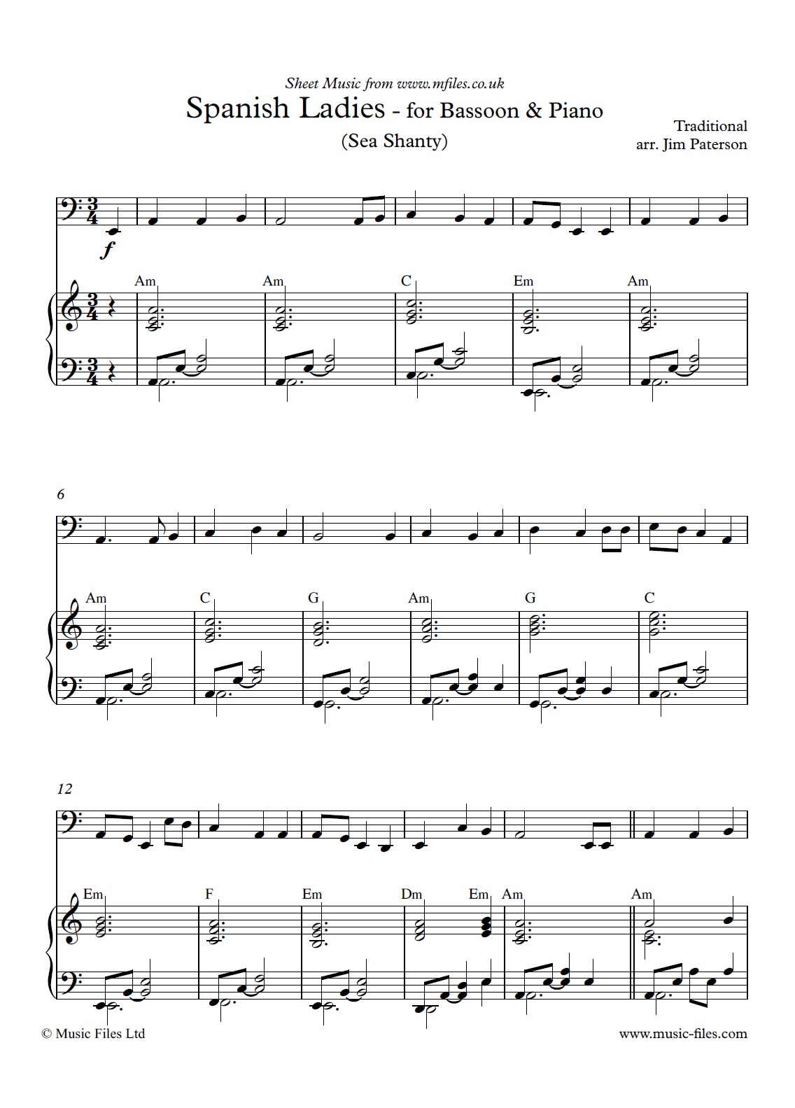 Spanish Ladies (Bassoon and Piano) - click to download sheet music Spanish Ladies (Bassoon and Piano) - sheet music 1st page