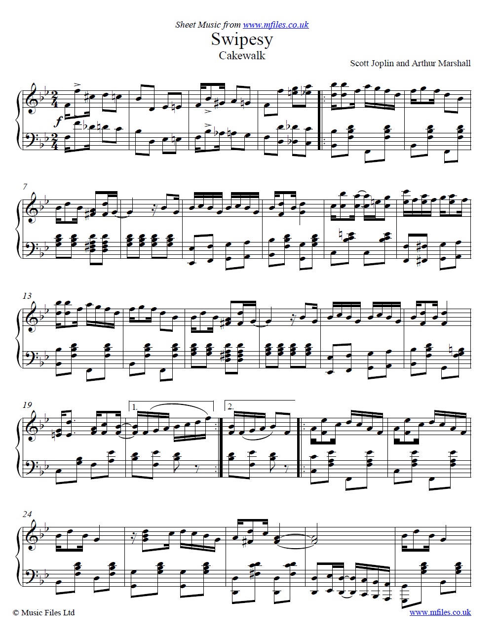 Scott Joplin and Arthur Marshall's Swipesy (Cakewalk) for piano - click to download sheet music Scott Joplin and Arthur Marshall's Swipesy (Cakewalk) for piano - sheet music 1st page