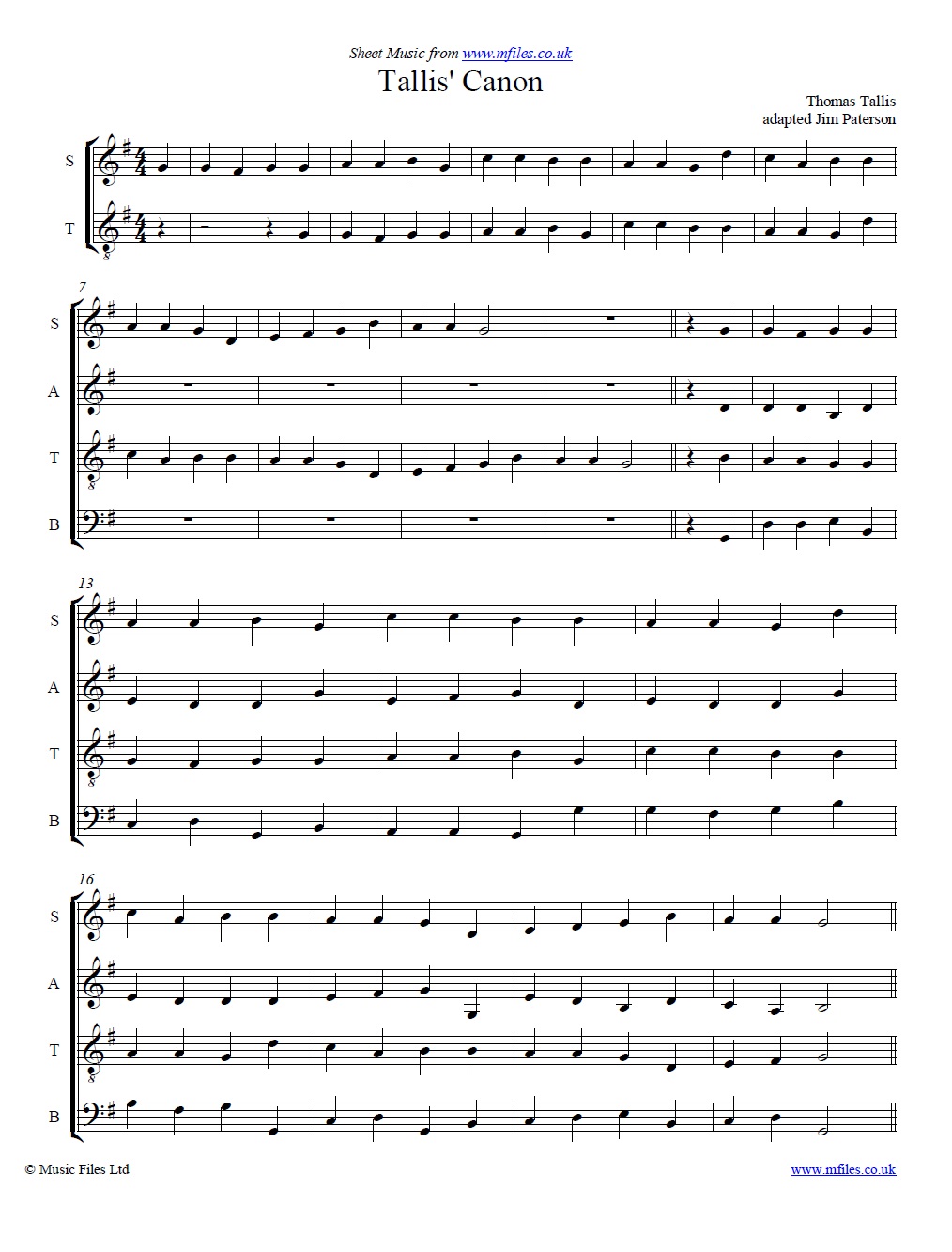 Tallis' Canon arrangement - click to download sheet music Tallis' Canon arrangement - sheet music 1st page