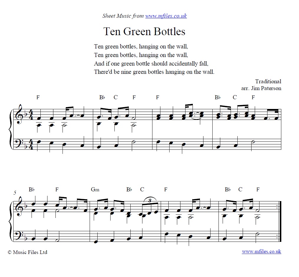 Ten Green Bottles for piano - click to download sheet music Ten Green Bottles for piano - sheet music 1st page