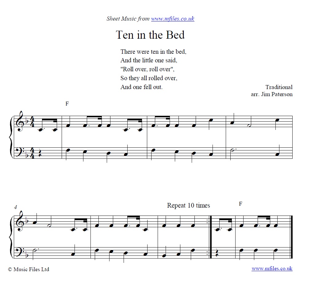 Ten in the Bed for piano - click to download sheet music Ten in the Bed for piano - sheet music 1st page