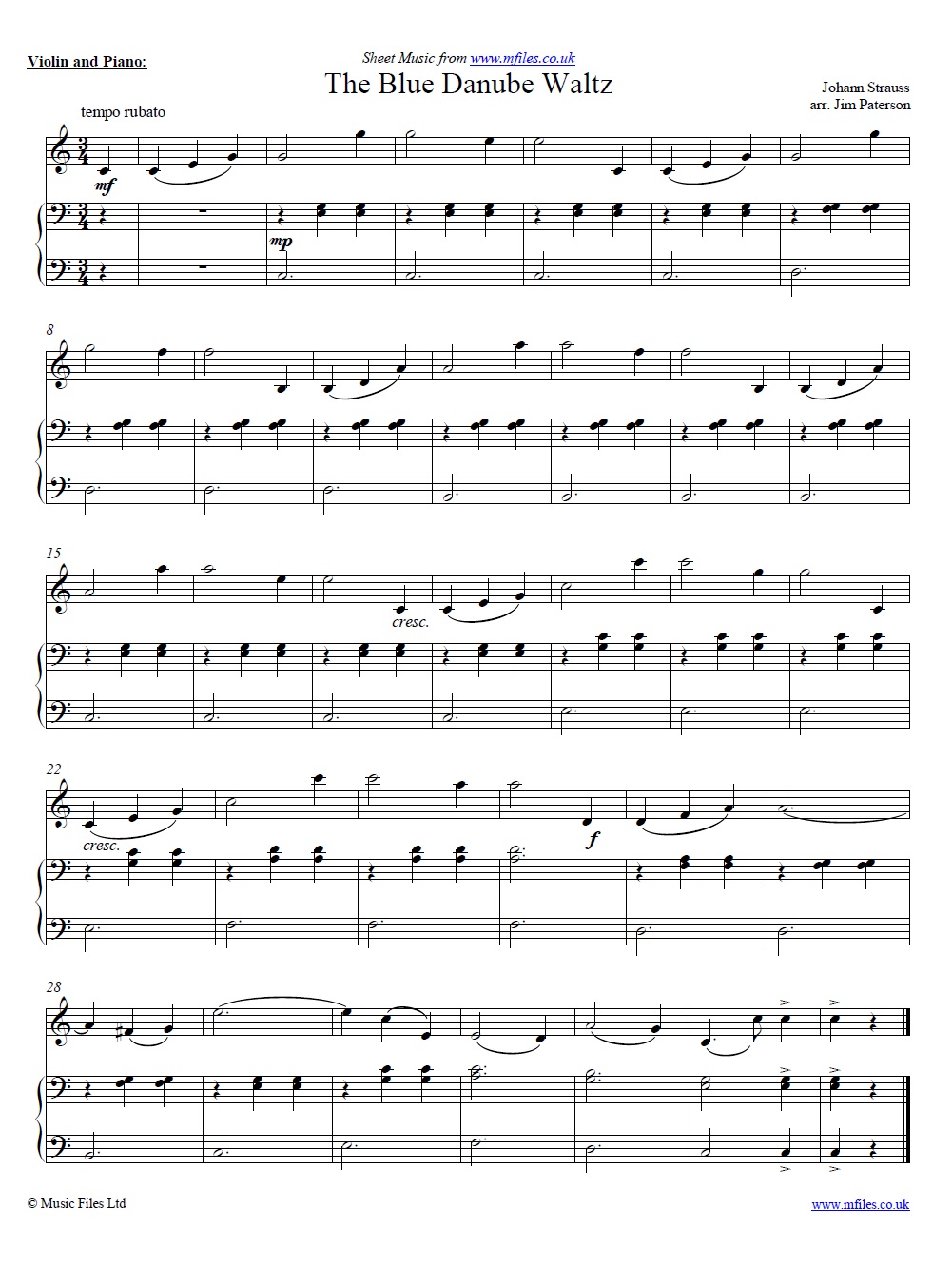 Strauss' The Blue Danube Waltz theme for solo instrument (e.g. violin) and piano - click to download sheet music Strauss' The Blue Danube Waltz theme for solo instrument (e.g. violin) and piano - sheet music 1st page