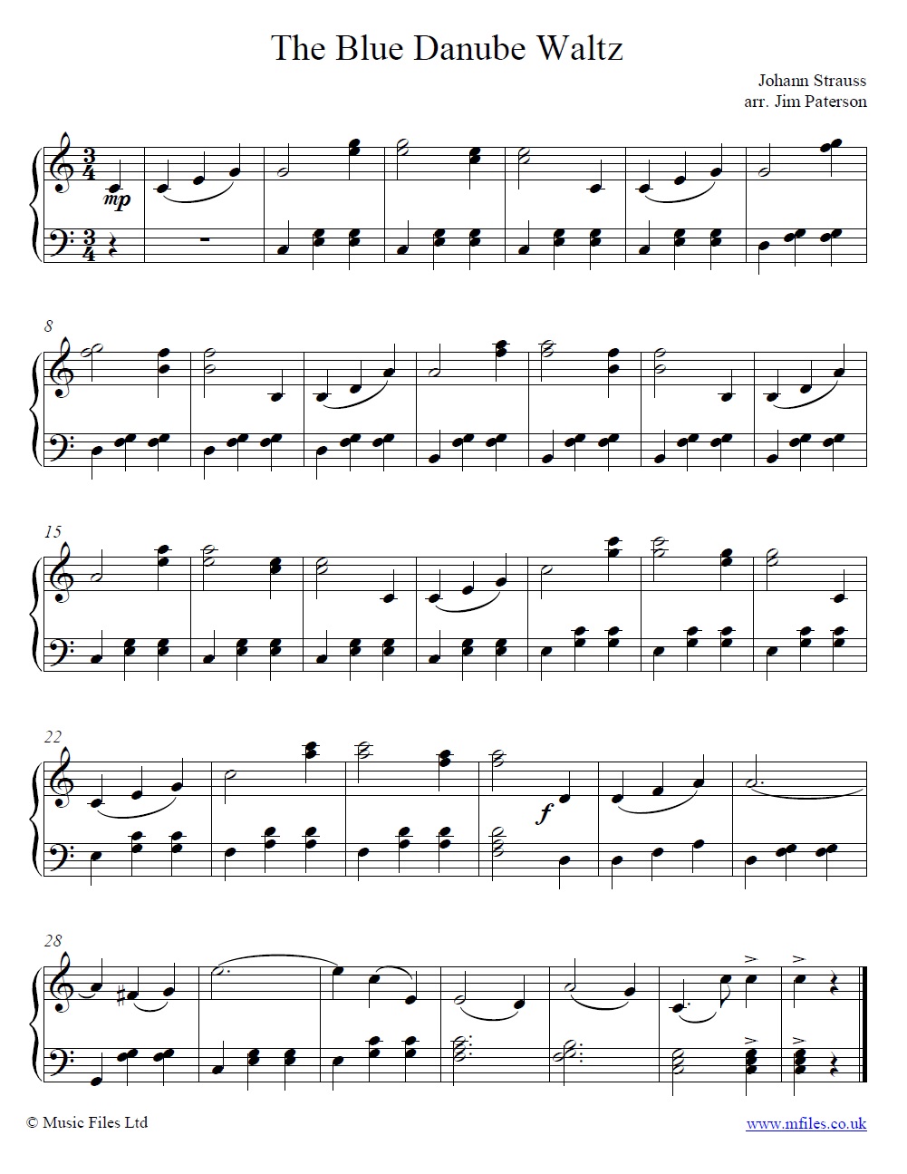 Strauss' The Blue Danube Waltz theme for piano - click to download sheet music Strauss' The Blue Danube Waltz theme for piano - sheet music 1st page