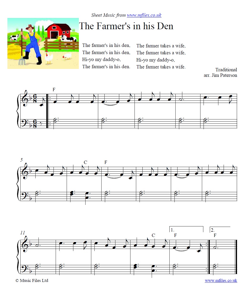 The Farmer's in his Den for piano - click to download sheet music The Farmer's in his Den for piano - sheet music 1st page