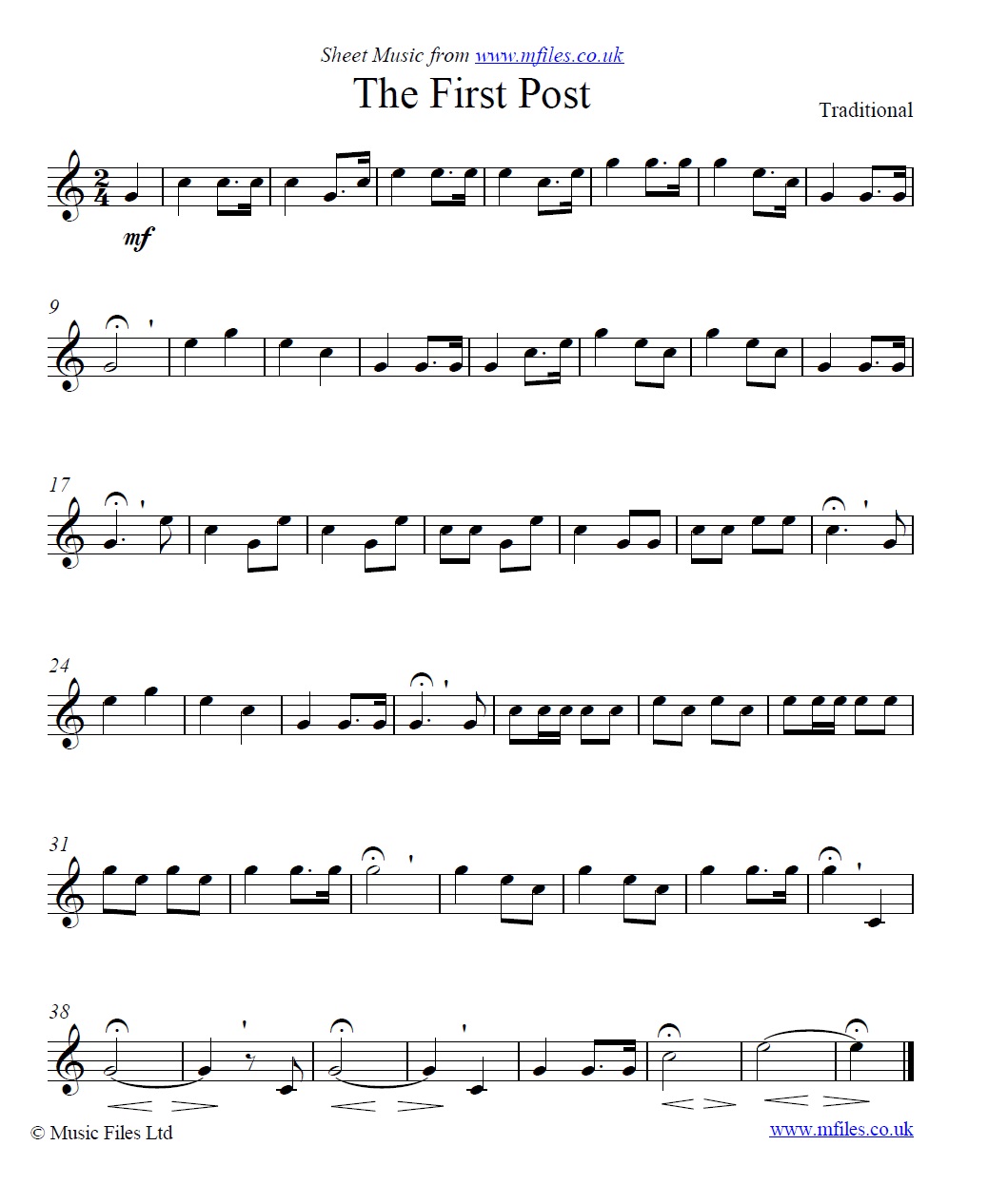 The First Post (bugle call) - click to download sheet music The First Post (bugle call) - sheet music 1st page