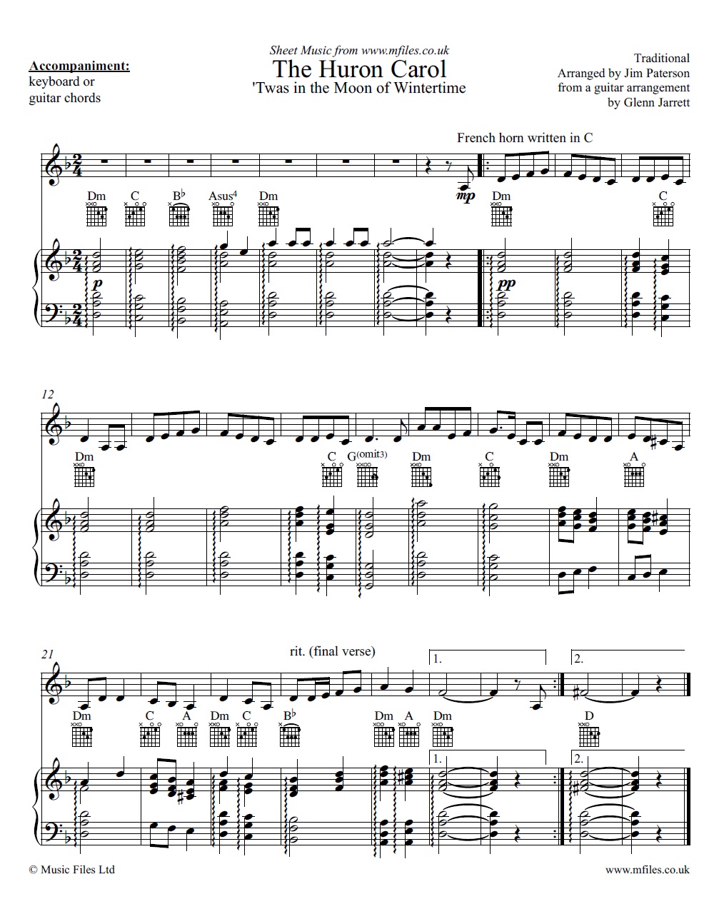 The Huron Carol for french horn and piano - click to download sheet music The Huron Carol for french horn and piano - sheet music 1st page