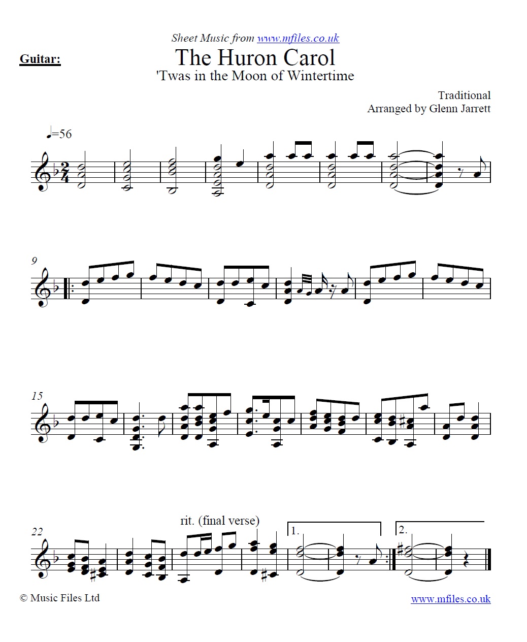 The Huron Carol arranged by Glenn Jarrett for guitar - click to download sheet music The Huron Carol arranged by Glenn Jarrett for guitar - sheet music 1st page