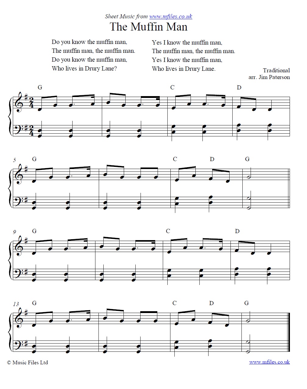The Muffin Man for piano - click to download sheet music The Muffin Man for piano - sheet music 1st page