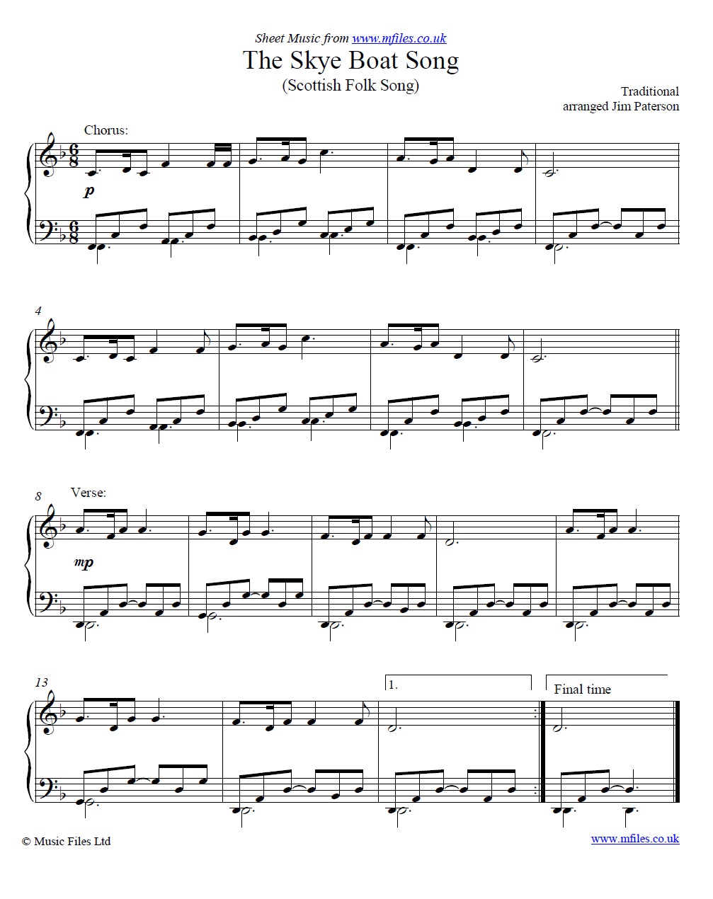 The Skye Boat Song (Outlander theme) for piano - click to download sheet music The Skye Boat Song (Outlander theme) for piano - sheet music 1st page
