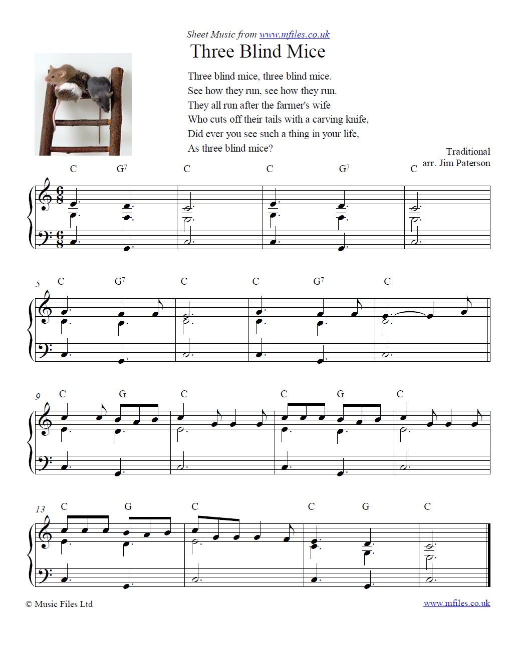 Three Blind Mice for piano - click to download sheet music Three Blind Mice for piano - sheet music 1st page