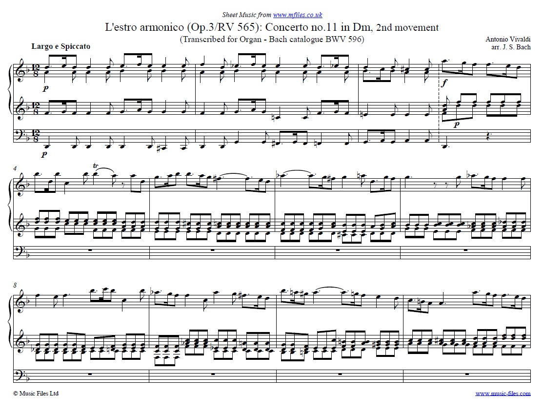 Vivaldi's L'estro armonico Concerto No.11 in Dm, 2nd movement for Organ by Bach - click to download sheet music Vivaldi's L'estro armonico Concerto No.11 in Dm, 2nd movement for Organ by Bach - sheet music 1st page
