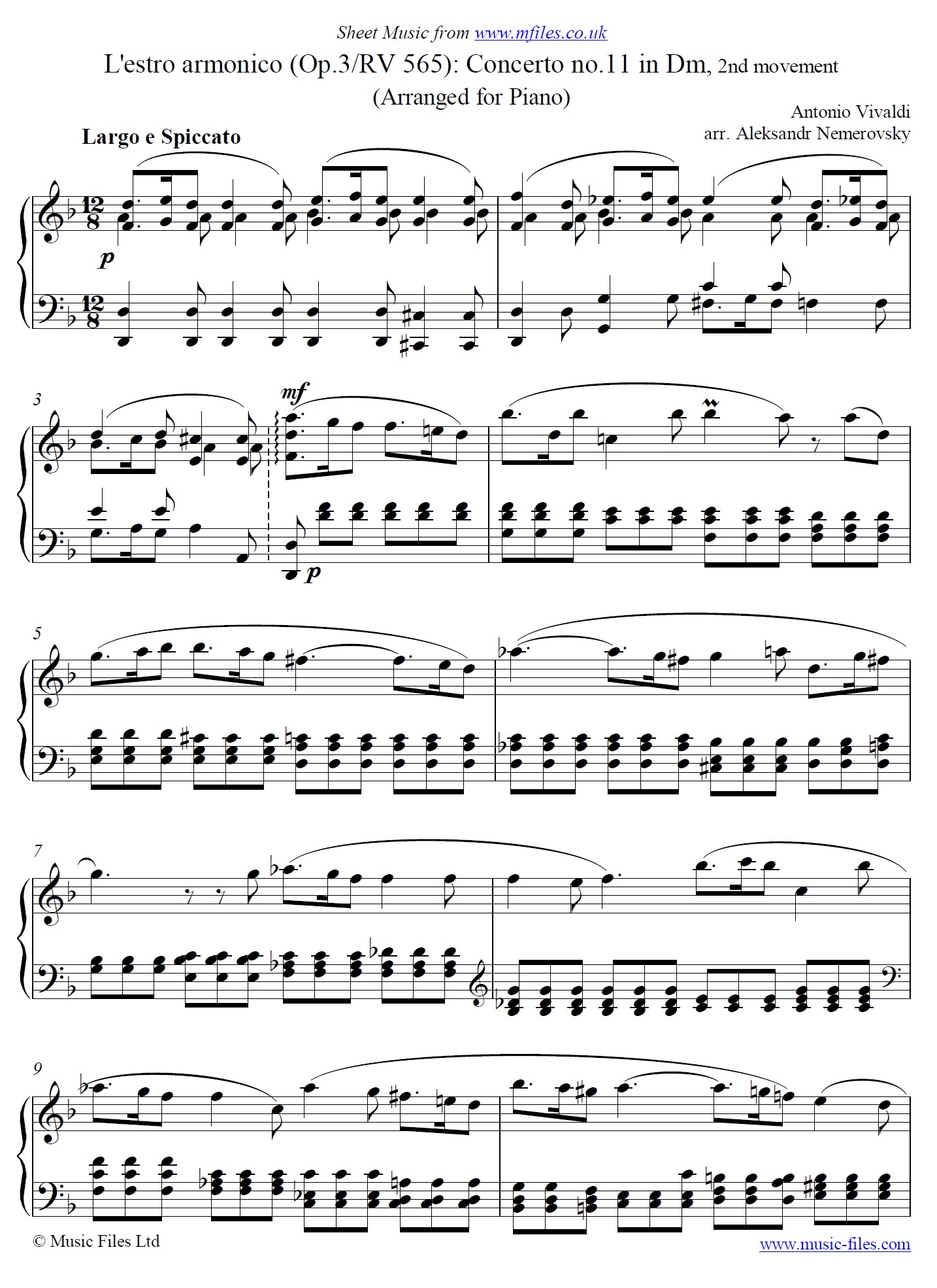 Vivaldi's L'estro armonico Concerto No.11 in Dm, 2nd movement for Piano - click to download sheet music Vivaldi's L'estro armonico Concerto No.11 in Dm, 2nd movement for Piano - sheet music 1st page