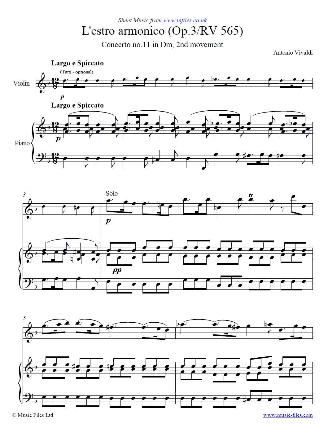 Vivaldi's L'estro armonico Concerto No.11 in Dm, 2nd movement, Violin & Piano - click to download sheet music Vivaldi's L'estro armonico Concerto No.11 in Dm, 2nd movement, Violin & Piano - sheet music 1st page