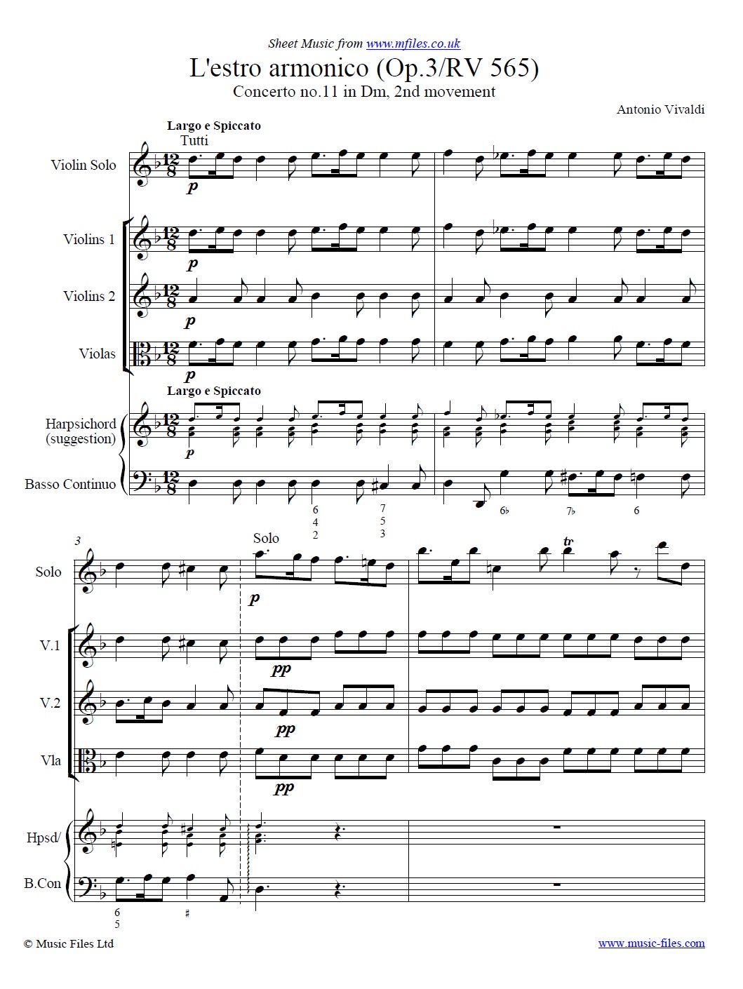 Vivaldi's L'estro armonico, Concerto No.11 in Dm, 2nd movement - click to download sheet music Vivaldi's L'estro armonico, Concerto No.11 in Dm, 2nd movement - sheet music 1st page