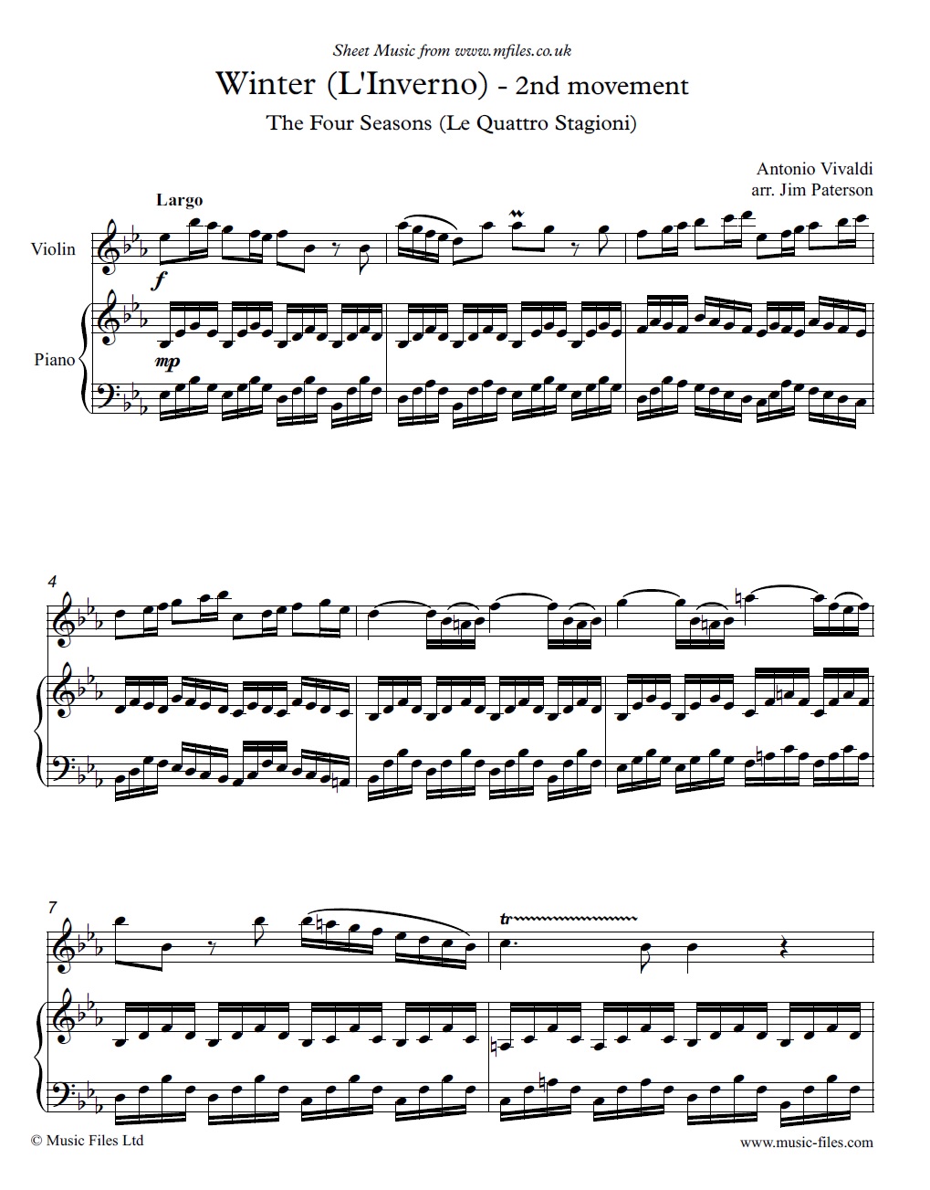 Vivaldi's Largo from Winter, arranged for Violin and Piano - click to download sheet music Vivaldi's Largo from Winter, arranged for Violin and Piano - sheet music 1st page