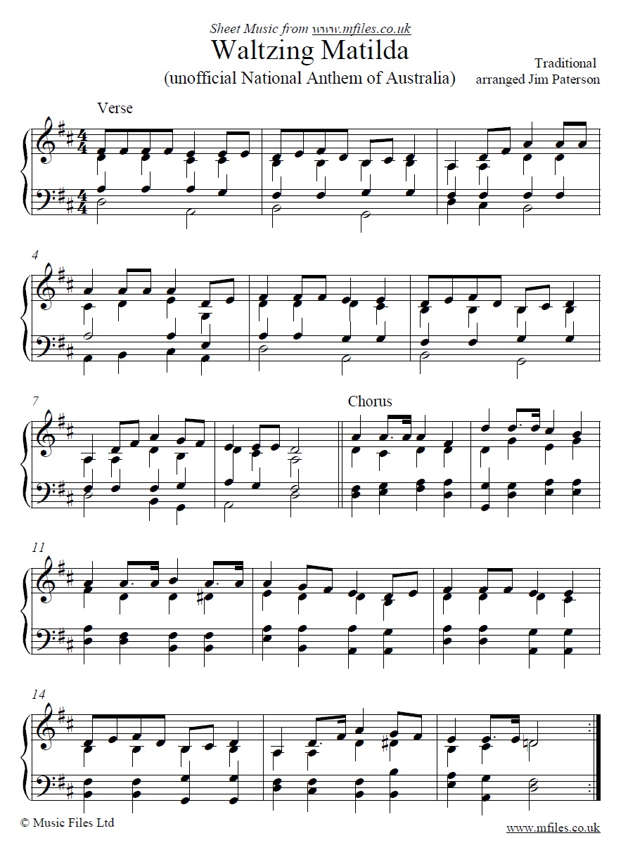 Waltzing Matilda for piano - click to download sheet music Waltzing Matilda for piano - sheet music 1st page