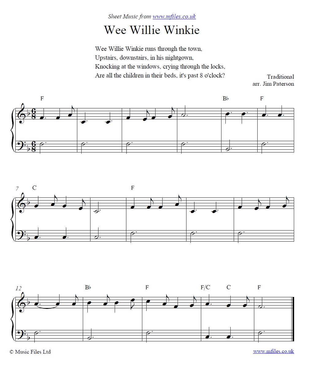 Wee Willie Winkie for piano - click to download sheet music Wee Willie Winkie for piano - sheet music 1st page